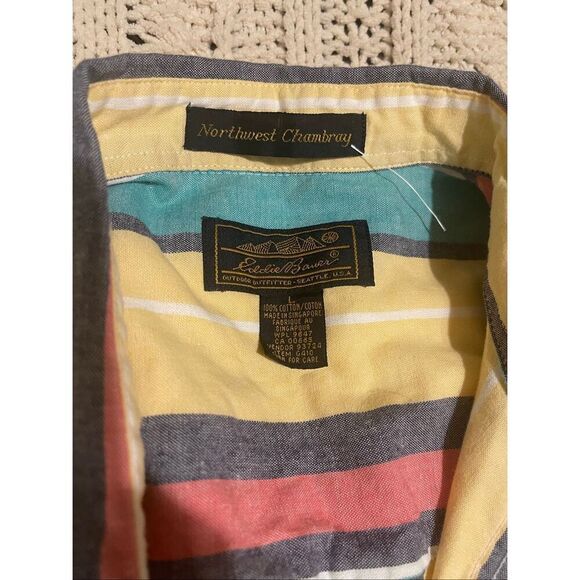VTG 90’s Eddie Bauer Northwest Chambray Bold Striped Short Sleeve Button Down Co - Picture 4 of 8